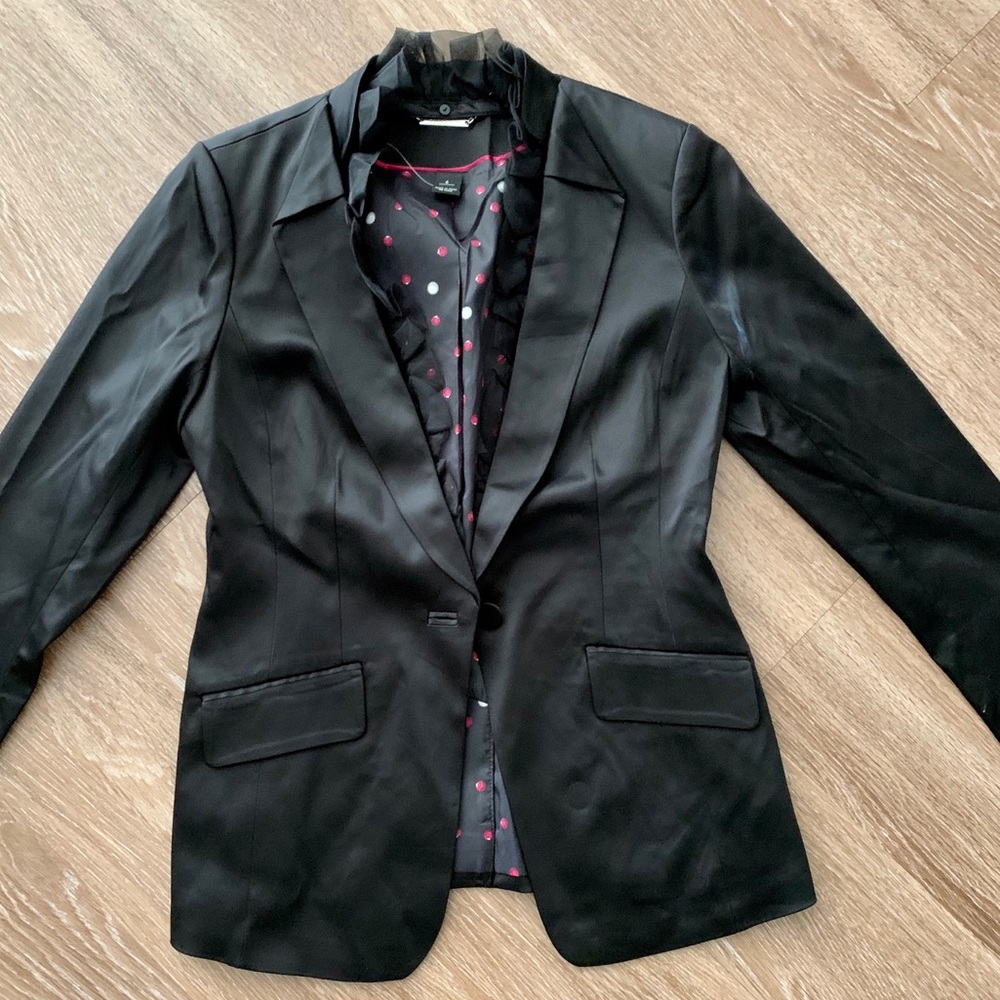 Black silk jacket with ruffle neck detail